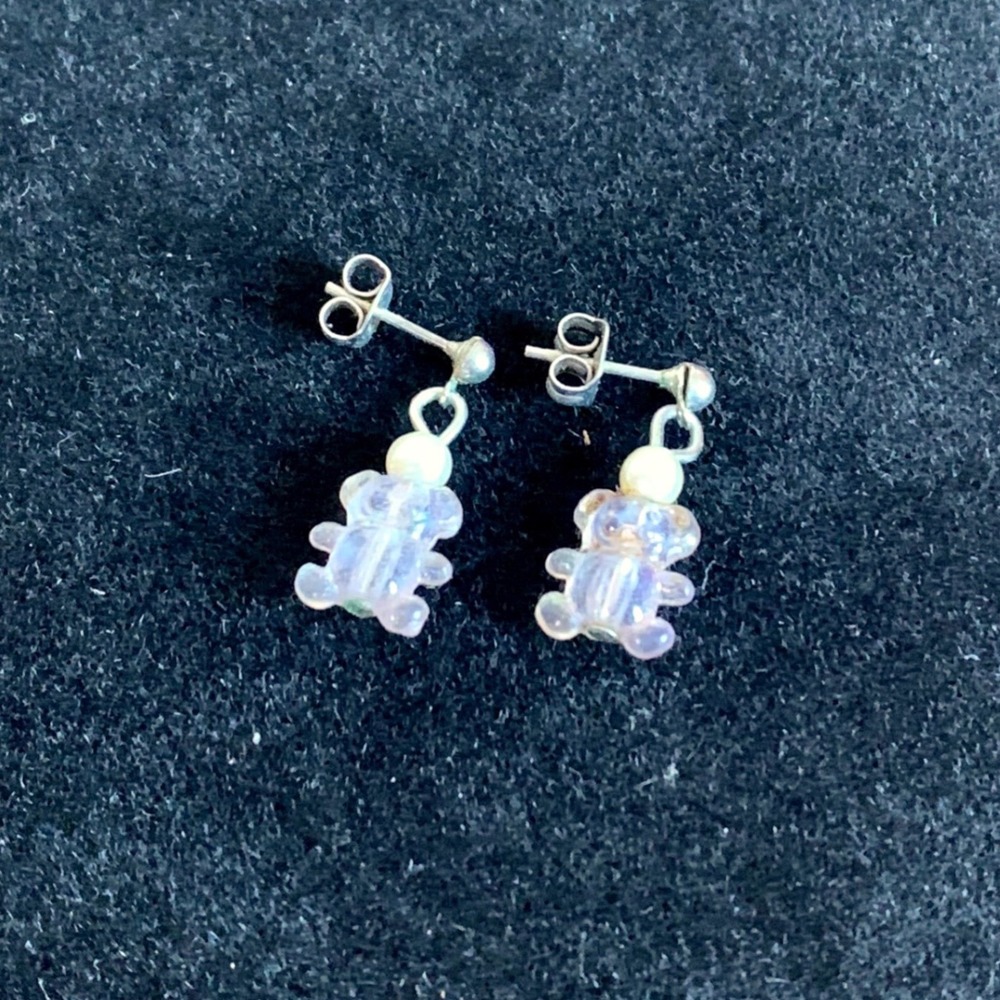 Vintage Iridescent Teddy‎ Bear Dangle Earrings Faux Pearl Silver Tone
